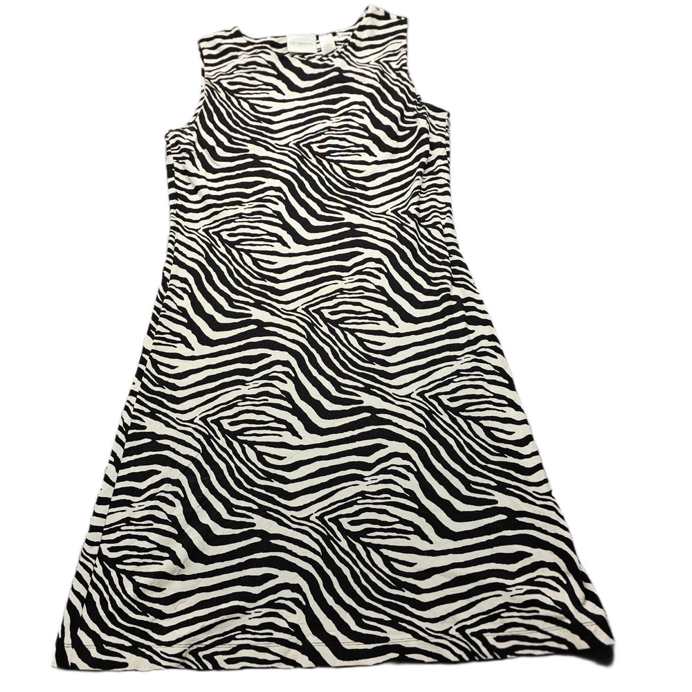 Liz Claiborne Tank Dress Womens Medium White Black Zebra Print Crew Neck Stretch